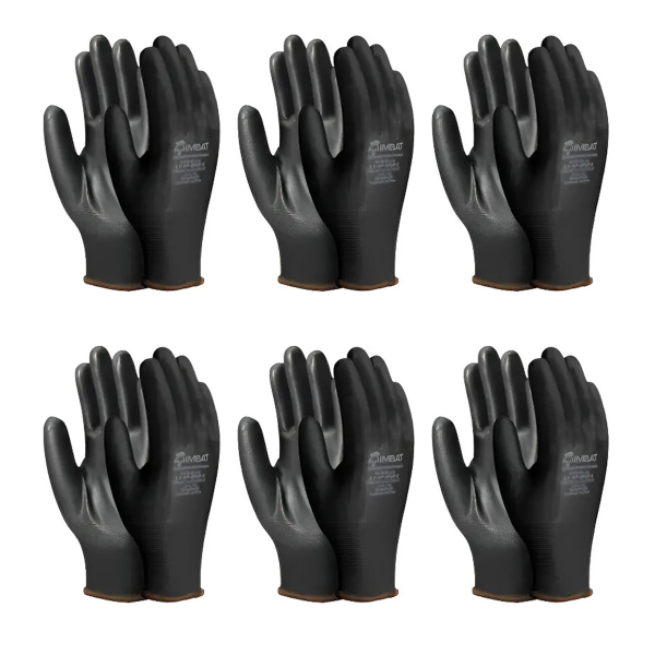Luva de Poliéster Tátil  PU Preto CA 41761 Kit 6 - Imbat
