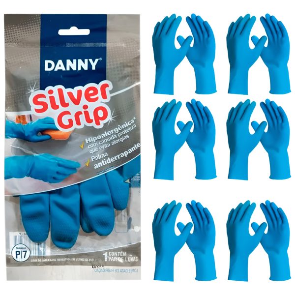 Luva Látex Silver Grip Azul CA 40730 Kit 6 Pares - Danny