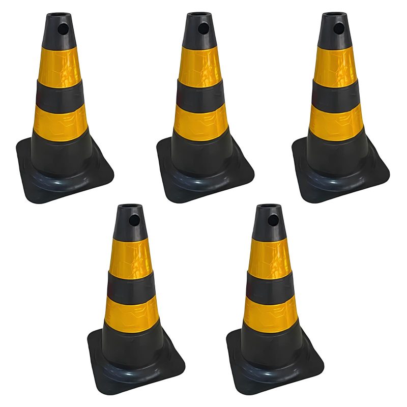 Cone Flexível Preto e Amarelo 75cm Refletivo Kit 5 Unid – Plastcor