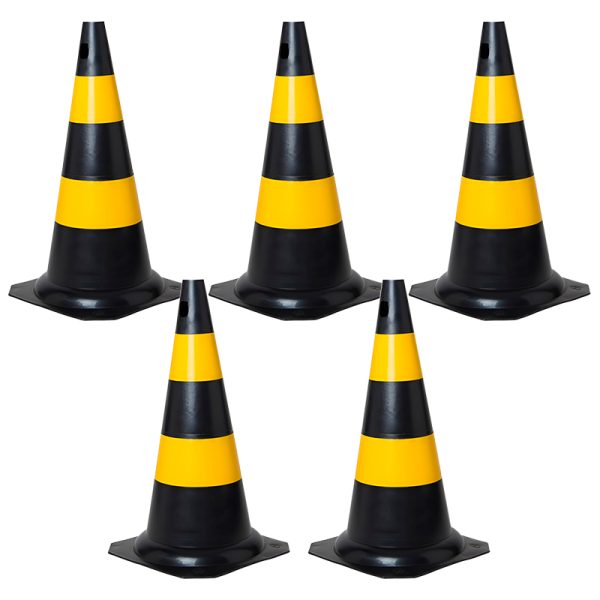 Kit 5 Cones de Sinalização Preto e Amarelo 75cm PLT Plastcor