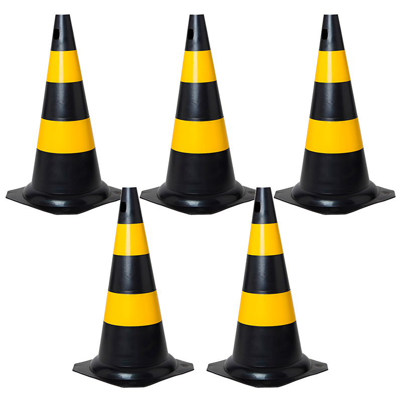 Kit 5 Cones de Sinalização Preto e Amarelo 75cm PLT Plastcor
