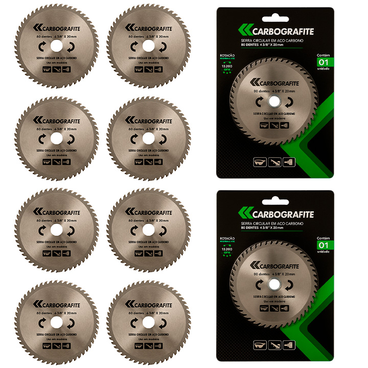 Kit Com 10 Serras Circular Aço Carbono 4.3/8″ x 20mm 80 Dentes – Carbografite