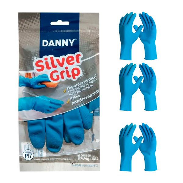 Luva Látex Silver Grip Azul CA 40730 Kit 3 Pares - Danny