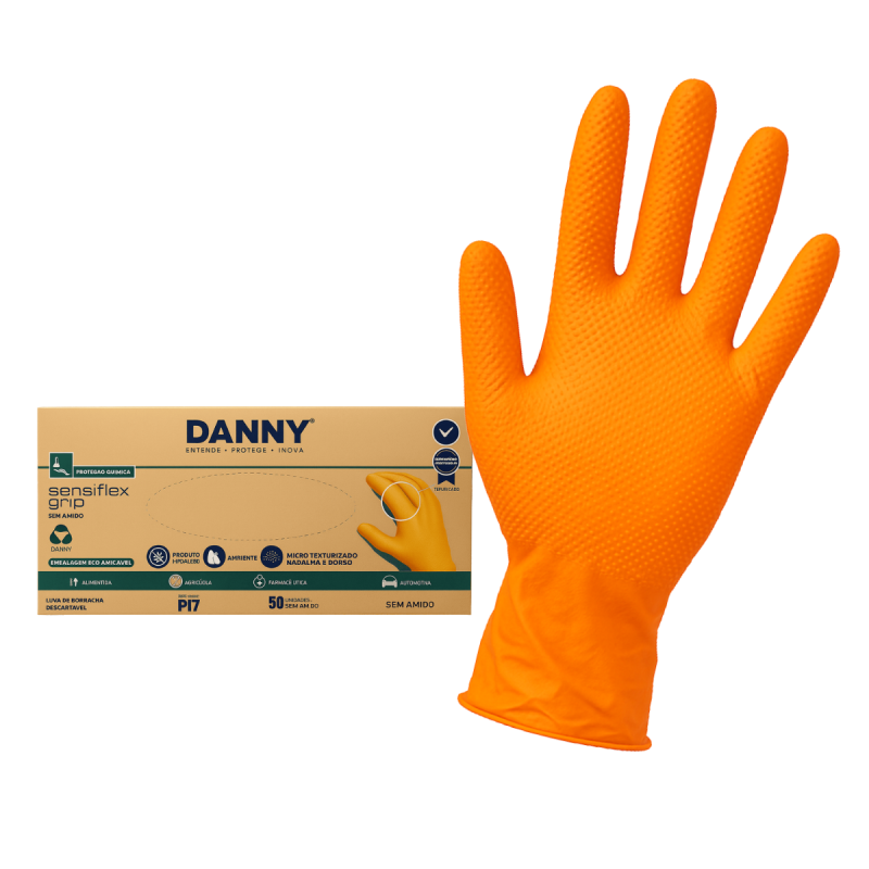 Luva Nitrílica Sensiflex Grip Laranja c/ 50un – Danny – CA 50744