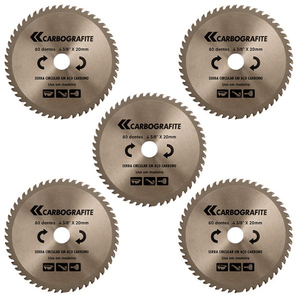 Kit Com 5 Serras Circular Aço Carbono 4.3/8" x 20mm 80 Dentes - Carbografite