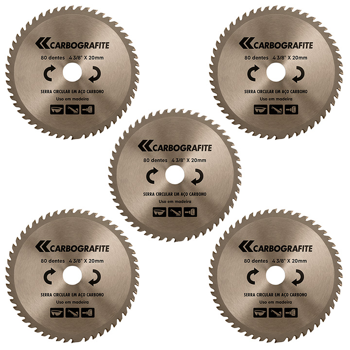 Kit Com 5 Serras Circular Aço Carbono 4.3/8″ x 20mm 80 Dentes – Carbografite
